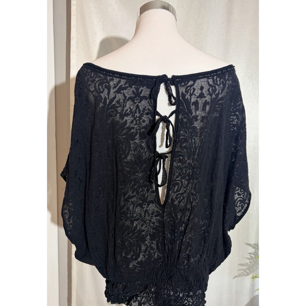 Free People Sheer Black Mixed Lace Dolman Sleeve Blouson Top - Smocked Waist - Picture 6 of 13